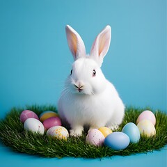 White Easter bunny is sitting on green grass with colorful Easter eggs