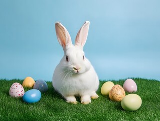 White Easter bunny is sitting on green grass with colorful Easter eggs
