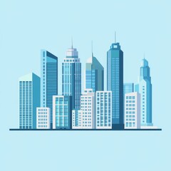 Obraz premium Icon design, city buildings, light blue, flat icon, vector, high-end, simple, modern city, high quality, flat cartoon illustration, flat style, transparent glass, solid color background 