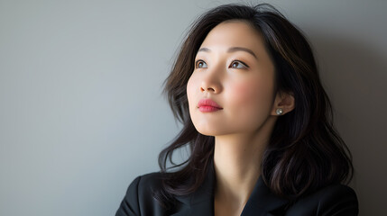Obraz premium Thoughtful asian businesswoman, positive pensive thinking, looking away
