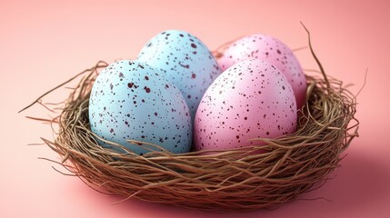 Colorful easter eggs in a nest on soft pastel background for holiday decor