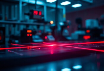 A red laser emits a focused beam on an optical table inside a physics laboratory, highlighting experimental apparatus and equipment.