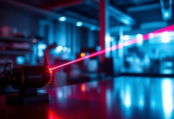 A red laser emits a focused beam on an optical table inside a physics laboratory, highlighting experimental apparatus and equipment.