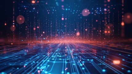 Digital data stream flowing on circuit board, futuristic background