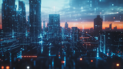 Obraz premium Smart digital Innovation city with connection network reciprocity over the cityscape. of future smart wireless digital city and social media networking systems that connects people with in city