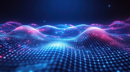 Futuristic data wave, digital landscape, glowing particles, network background, tech presentation