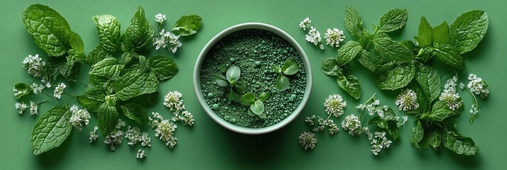 Fresh mint leaves arranged around a bowl of green herb mixture for culinary promotion