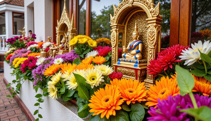 Colorful flowers and Buddha statue on decorative window display