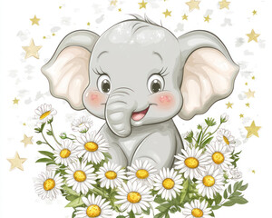 Adorable Cartoon Baby Elephant with Daisies and Golden Stars, Cute Illustration for Prints, Covers, Posters, Decor, Background or Wallpaper