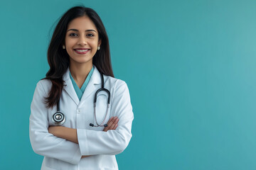A woman in a white lab coat is smiling and posing for a picture