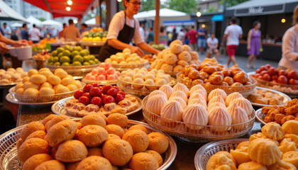 Vendor arranging colorful pastries at a bustling market