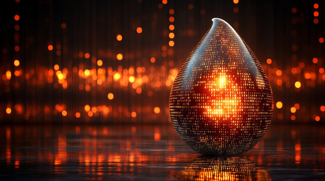 A digital water drop icon featuring cascading binary code symbolizing the fusion of technology and nature, representing data flow and innovation in the digital age with a bright, modern, blurred backg