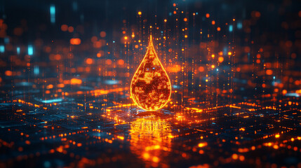 A digital water drop icon featuring cascading binary code symbolizing the fusion of technology and nature, representing data flow and innovation in the digital age with a bright, modern, blurred backg