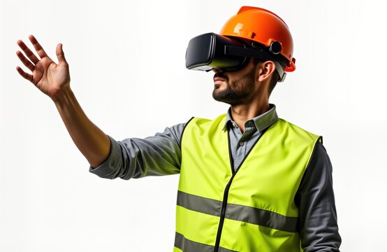 Engineer in safety vest, hardhat uses VR headset to check virtual construction model. Modern technology helps in digital design of new industrial projects. Pro man manages future tech solutions. Tech
