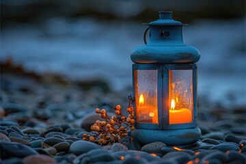 Blue Lantern Glowing Warmly On Pebbles Near Water