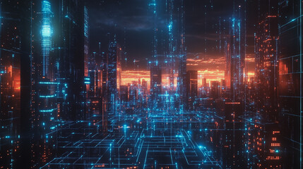 Fototapeta premium Smart digital Innovation city with connection network reciprocity over the cityscape. of future smart wireless digital city and social media networking systems that connects people with in city