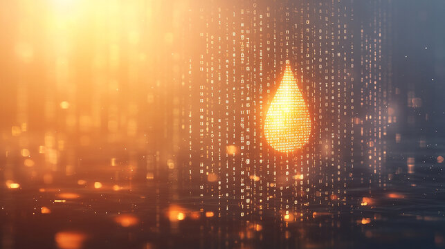 A digital water drop icon featuring cascading binary code symbolizing the fusion of technology and nature, representing data flow and innovation in the digital age with a bright, modern, blurred backg