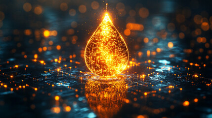 A digital water drop icon featuring cascading binary code symbolizing the fusion of technology and nature, representing data flow and innovation in the digital age with a bright, modern, blurred backg