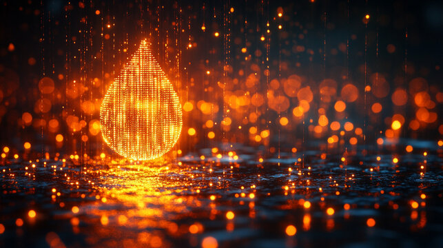 A digital water drop icon featuring cascading binary code symbolizing the fusion of technology and nature, representing data flow and innovation in the digital age with a bright, modern, blurred backg