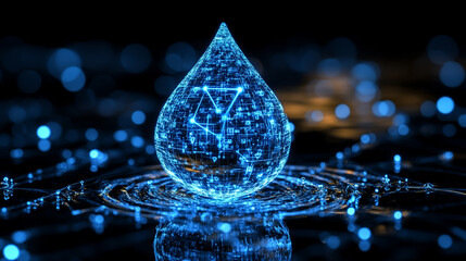 A digital water drop icon featuring cascading binary code symbolizing the fusion of technology and nature, representing data flow and innovation in the digital age with a bright, modern, blurred backg