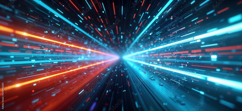 Poster futuristic digital space displays high speed data flow. abstract tech pattern shows fast communicati