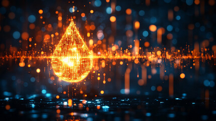 A digital water drop icon featuring cascading binary code symbolizing the fusion of technology and nature, representing data flow and innovation in the digital age with a bright, modern, blurred backg
