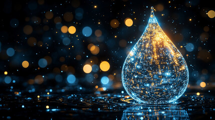 A digital water drop icon featuring cascading binary code symbolizing the fusion of technology and nature, representing data flow and innovation in the digital age with a bright, modern, blurred backg