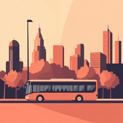 A bus driving on the road, beautiful city, flat illustration style, orange,no dark color scheme, 