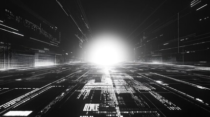 Digital Highway Data stream flowing towards bright light, futuristic background, technology concept