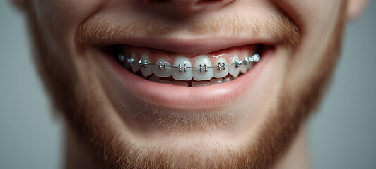 smiling male braces on teeth. orthodontic treatment.