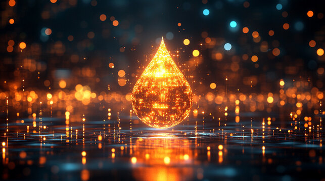 A digital water drop icon featuring cascading binary code symbolizing the fusion of technology and nature, representing data flow and innovation in the digital age with a bright, modern, blurred backg