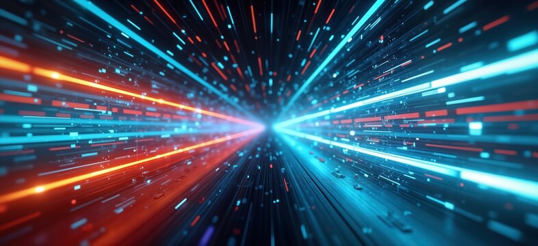 Futuristic digital space displays high speed data flow. Abstract tech pattern shows fast communication. Colorful lines, code create virtual room cyber space. Motion blur effects highlight speed,