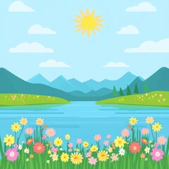 Fototapeta premium Sunny Day Lakeside Mountain View with Flowers