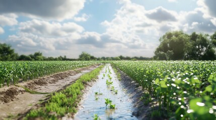 Obraz premium Lush green agricultural field with irrigation channel under cloudy sky