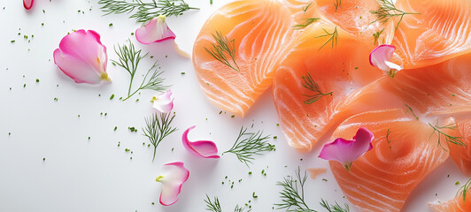 salmon steak with spices on a white wooden table.