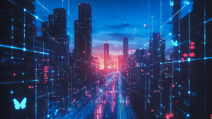 Obraz premium Smart digital Innovation city with connection network reciprocity over the cityscape. of future smart wireless digital city and social media networking systems that connects people with in city
