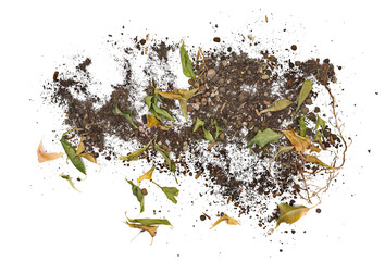 Dirt, soil pile with dry autumn leaves isolated on white background, top view