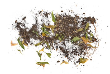 Dirt, soil pile with dry autumn leaves isolated on white background, top view