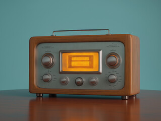 Fototapeta premium Ein nostalgisches Holzradio mit orangefarbenem Gitter auf einem Tisch