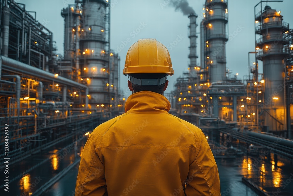 Poster industrial worker observes refinery operations during twilight hours with illuminated structures