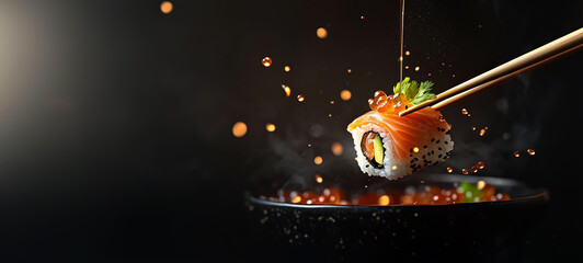 japanese sushi roll with sticks, chopsticks, soy sauce and chopsticks on a black background. japanese sushi.