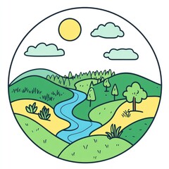 Naklejka premium Idyllic River Landscape with Green Hills and Sunny Sky