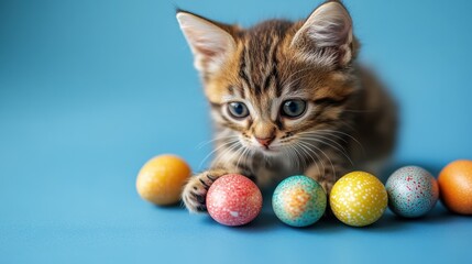 Playful kitten observing colorful easter eggs on blue background