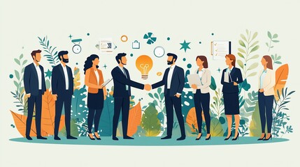 Group of professionals shaking hands after closing a deal with abstract decor elements in the background clean vector design