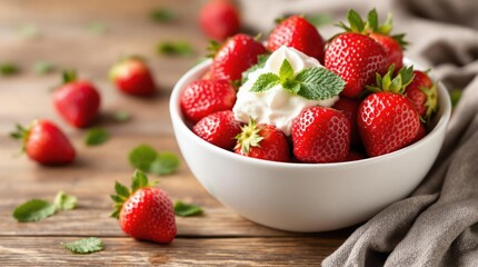 Strawberry with cream in the white plate on the wooden background 