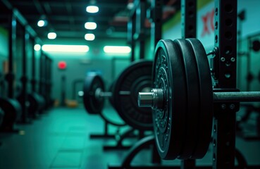 Obraz premium Barbell loaded with weight plates rests on squat rack in dimly lit gym. Strength training equipment ready for workout session. Dark teal gym setting. Focus on fitness, strength training. Muscles,