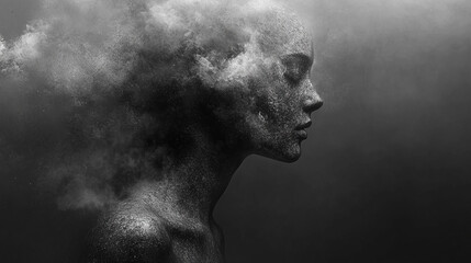 A striking silhouette of a person with their head dissolving into fragmented thoughts symbolizing mental struggle disintegration with a minimalistic blurred background and blank space for captions
