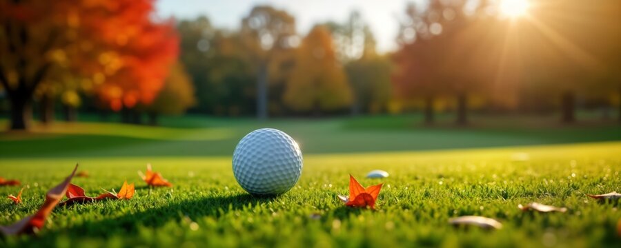 Autumn golf course scene. Golf ball sits on green grass. Colorful trees in background. Peaceful fall day. Nature. Calmness. Tranquil. Leisure. Sport. Beautiful landscape.