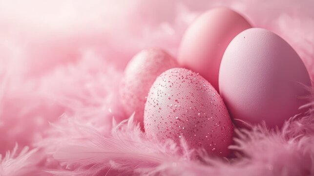 Pastel easter eggs nestled in pink feathers for spring decorations