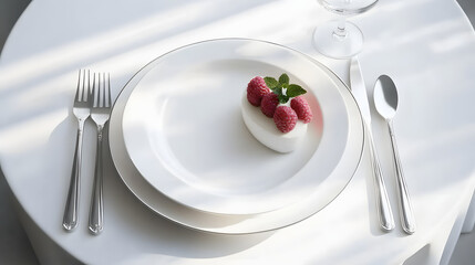 Elegant dining setting with plate and silverware on white table.